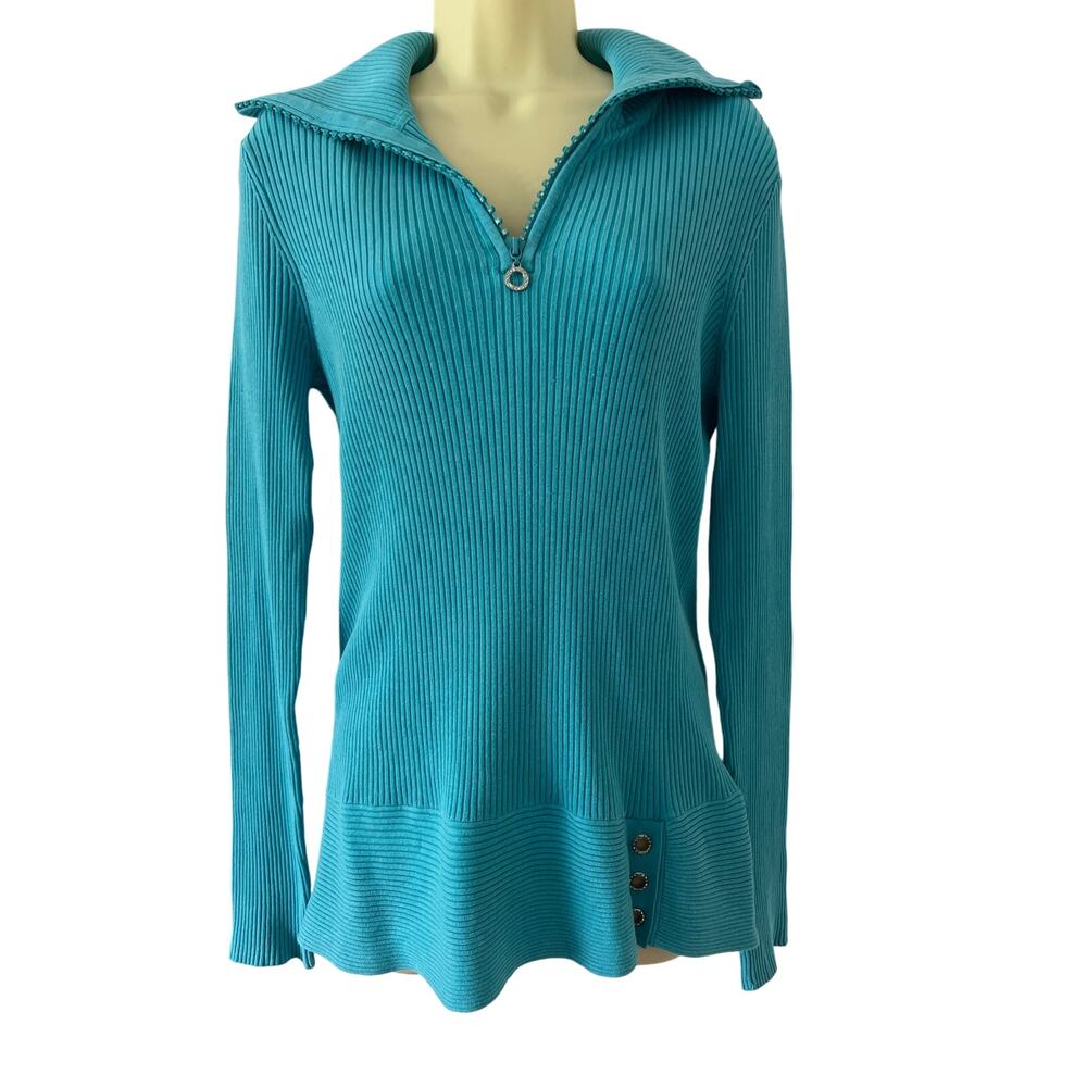 Cache- Cyan Blue Ribbed Knit Pullover Sweater Rhinestones Size Large